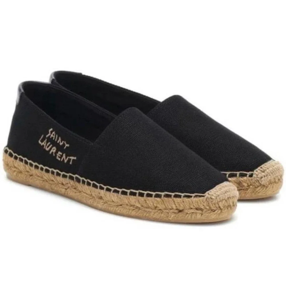SAINT LAURENT logo embroidered canvas espadrilles flats